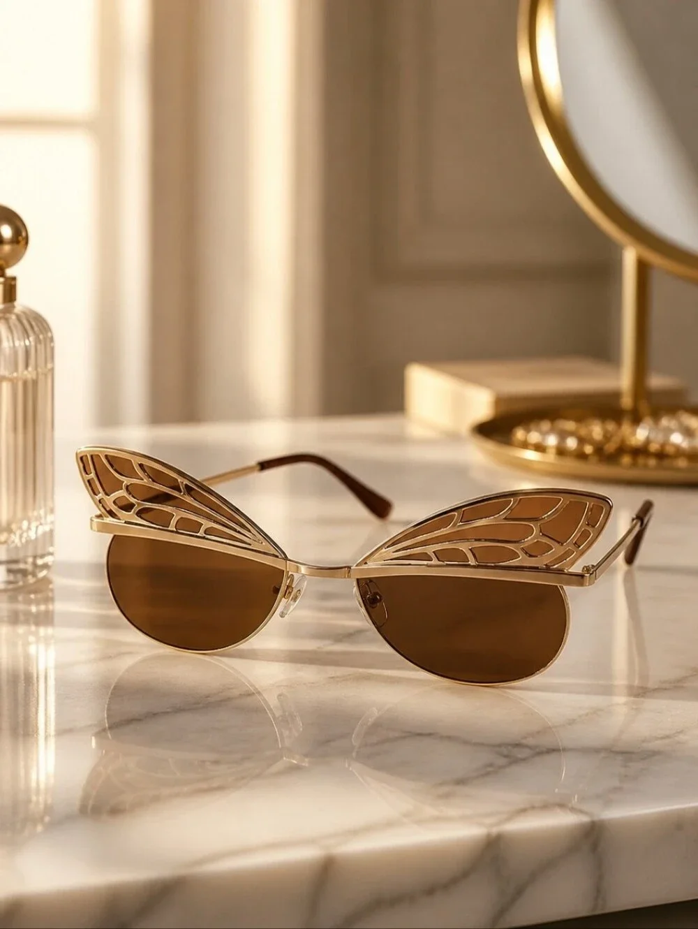 Stylish Rose Gold Butterfly Wing Women's Sunglasses - Brown Lenses